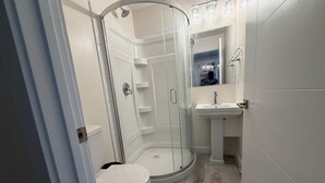 A bathroom with a glass-enclosed shower, a white sink, and a toilet.