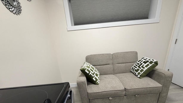 A room with a grey sofa, two patterned pillows, a black television, and a window with blinds.