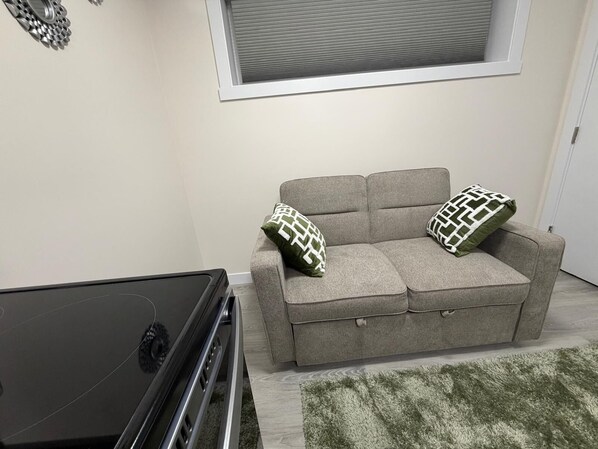 A room with a grey sofa, two patterned pillows, a black television, and a window with blinds.