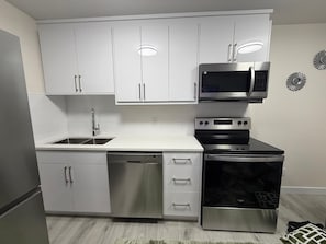 A modern kitchen with stainless steel appliances, white cabinetry, and a built-in dishwasher.
