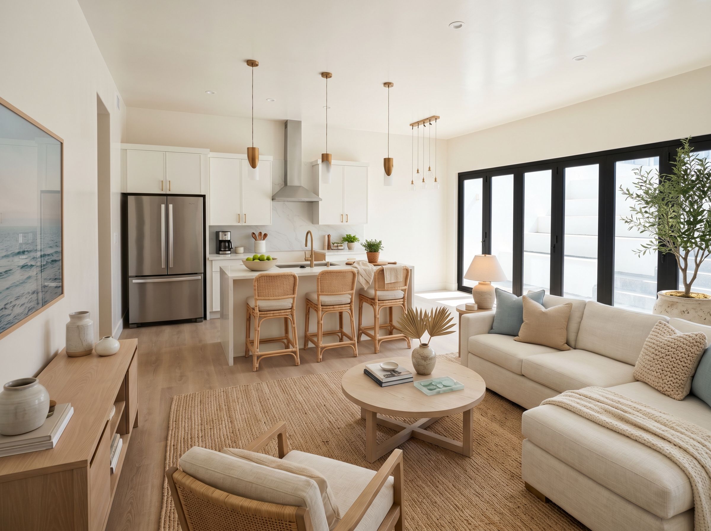 A modern living room with a sofa, chairs, a coffee table, and a kitchen area with a refrigerator, stove, and dining chairs.