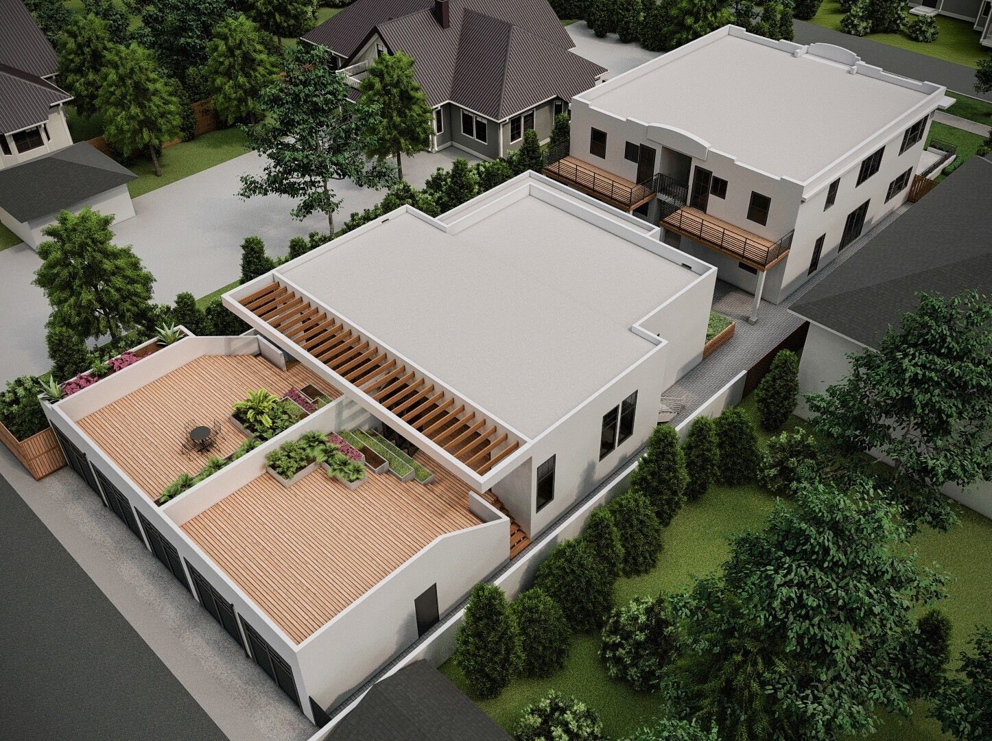 Ein modernes Wohngebäude mit zwei Stockwerken, flachem Dach, überdachter Terrasse mit Holzboden und einem angelegten Garten.