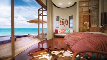 A bedroom with a large window overlooking the ocean, a wooden floor, and a bed with a pink bedspread.