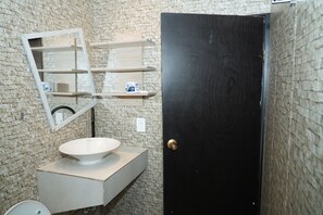 A bathroom with a white sink, a mirror, and a black door.