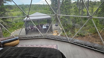 A geodesic dome structure with a view of an outdoor area including a covered seating area and a fire pit.