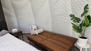 A hotel room with a bed, a brown sofa, a bedside table, a potted plant, and a white air conditioning unit. - Luxury Riverside Dome with Private Bathroom Near Bragg Creek (Calgary)