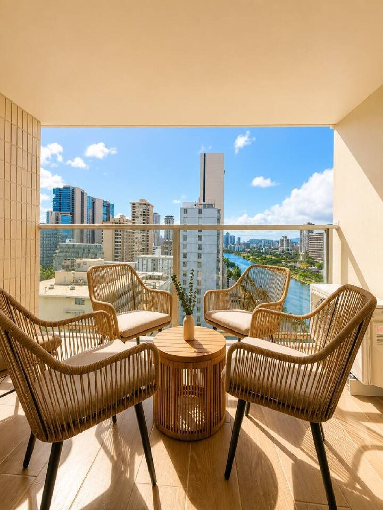 A balcony with wicker furniture, a round table, and a city view.