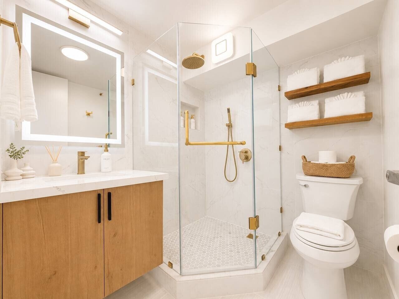 Ein modernes Badezimmer mit einer Glaskabine zur Dusche, einer weißen Toilette und Holzregalen mit Handtüchern.