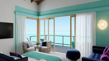 Una habitación de hotel con un ventanal grande, una cama, un sofá, una silla y una mesita.