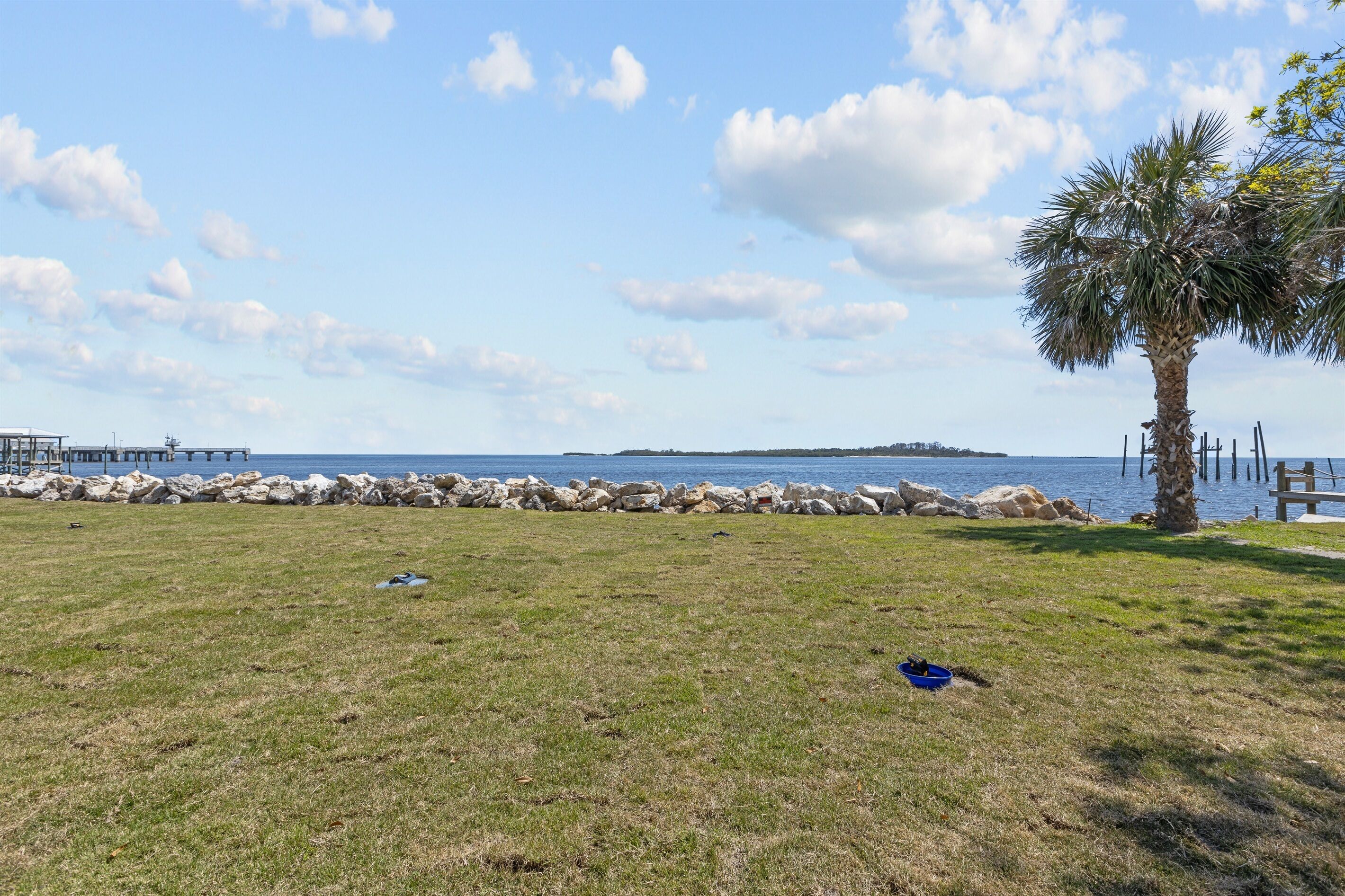 Une zone herbeuse avec un palmier, une côte rocheuse et une jetée qui s’avance dans l’eau.