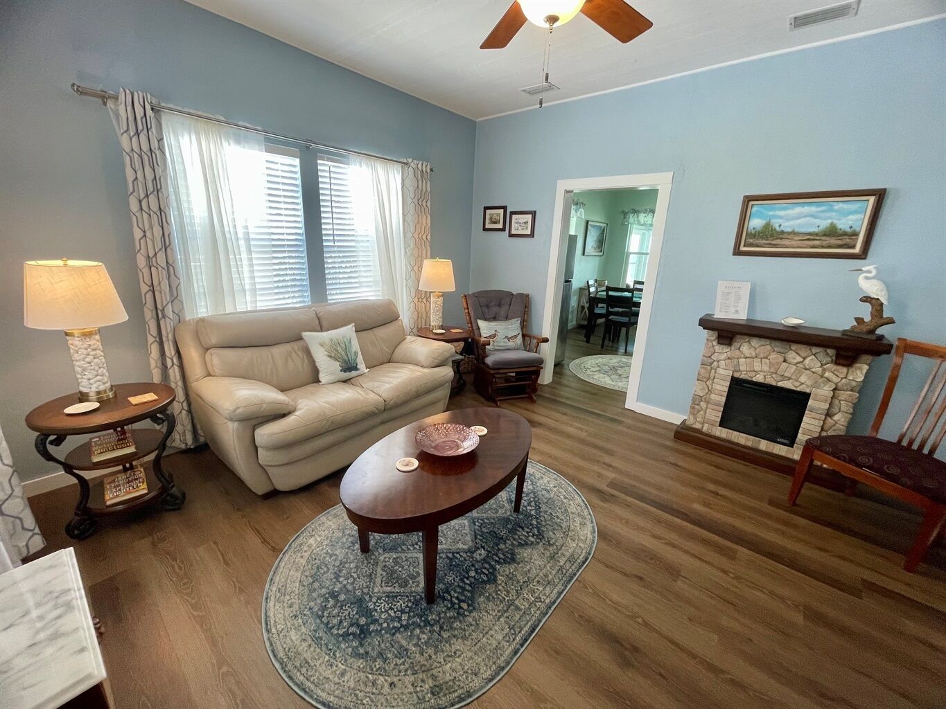Smart TV, fireplace, books