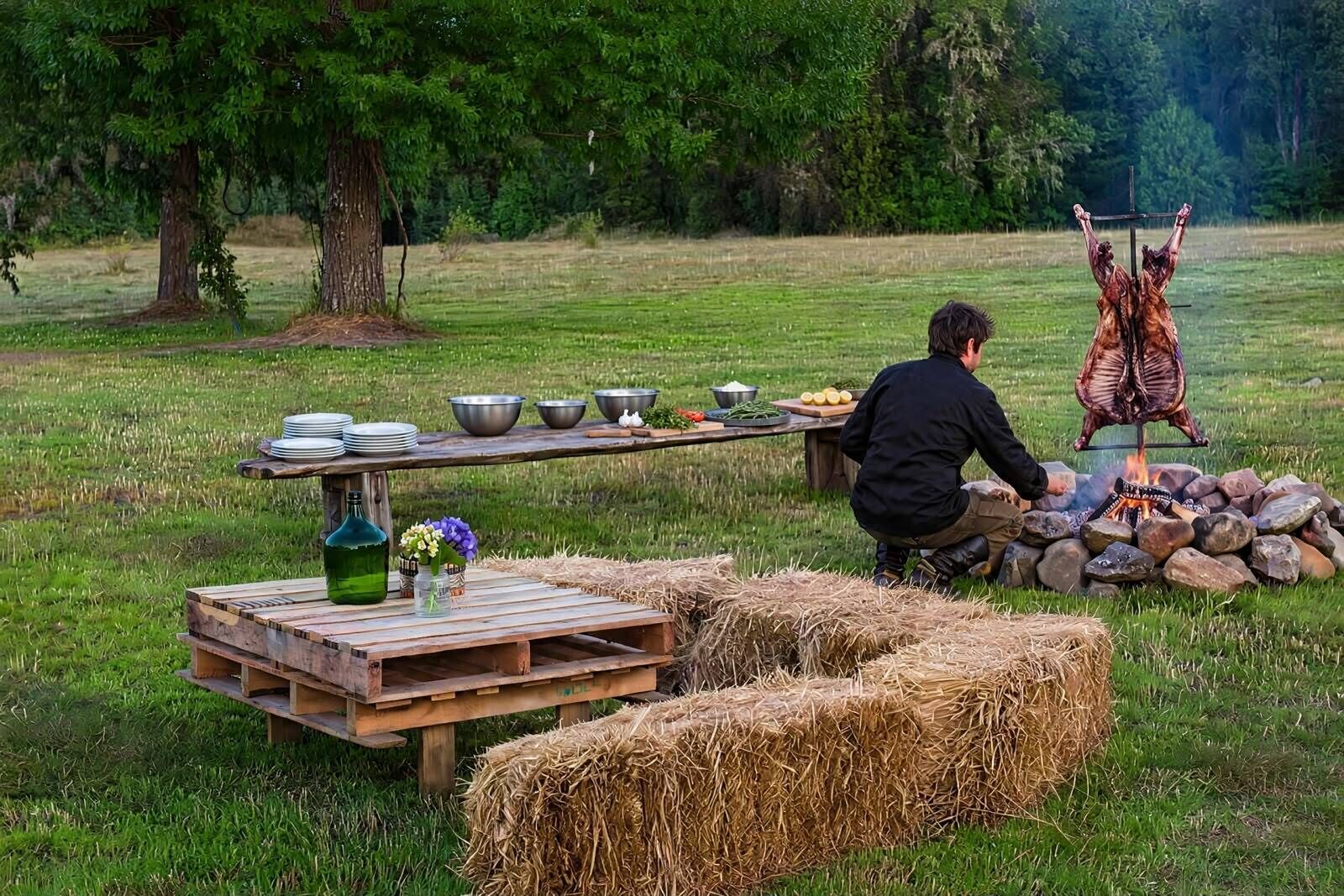 An outdoor dining setup with a wooden table, hay bales, and a fire pit.
