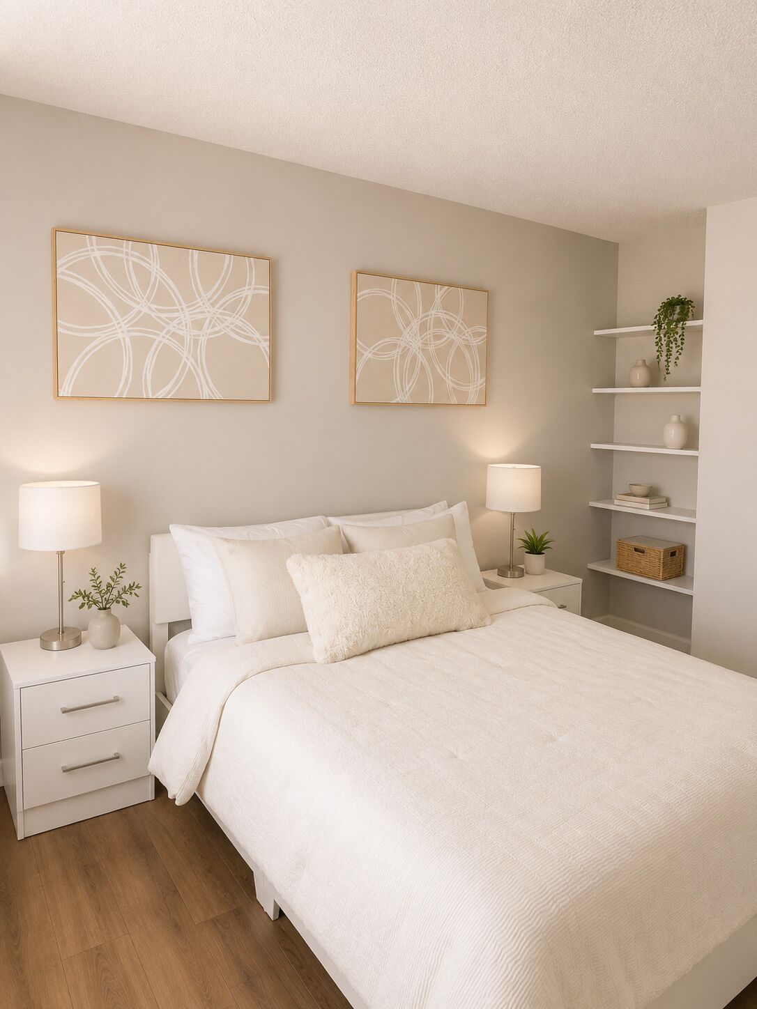 A bedroom with a large bed, two bedside tables with lamps, a nightstand, and wall art.