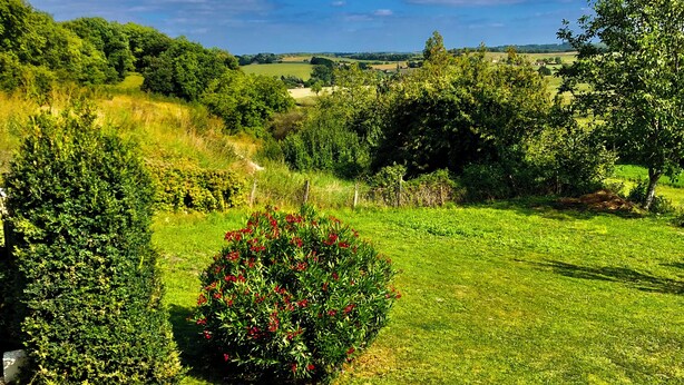 A lush green landscape with a variety of trees and shrubs, a clear blue sky, and a distant view of rolling hills. - Traditional 19th century stone farmhouse sympathetically restored with views. (Saint-Martial-Viveyrol)