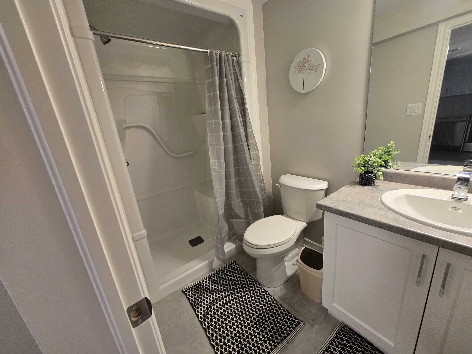 Une salle de bain avec une douche, des toilettes, un lavabo et une petite plante en pot.