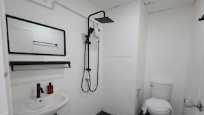 Une petite salle de bain blanche, équipée d’un lavabo, de toilettes et d’une douche.
