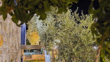A stone pathway leading to a building with a blue door, surrounded by greenery and a night sky.