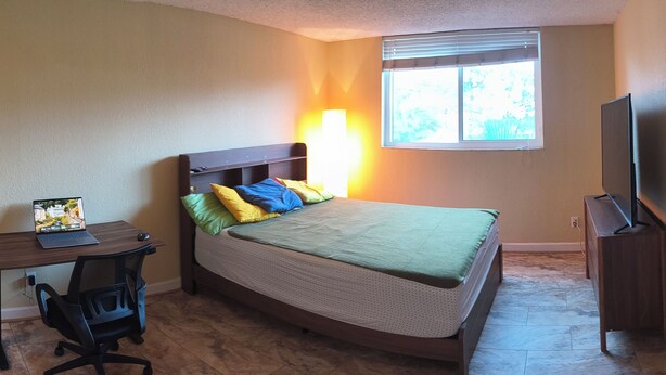 A bedroom with a bed, a desk with a laptop, a chair, a TV, and a window with blinds. - Spacious 1 bedroom apartment in awesome Sarasota with swim pool and fitness room (Sarasota)