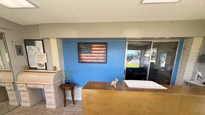 A reception area with a desk, a small plant, and an American flag on the wall.