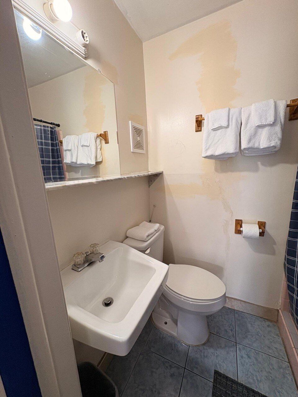 A bathroom with a sink, toilet, and towel rack.