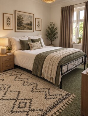 A bedroom with a bed, bedside table, lamp, framed pictures, a potted plant, and a window with curtains. - Beautiful Riverside Home Close to Kingston Town pet friendly (Kingston upon Thames)