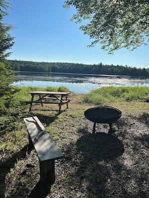 A picnic area with a table and a fire pit, overlooking a calm lake with a forested shoreline.