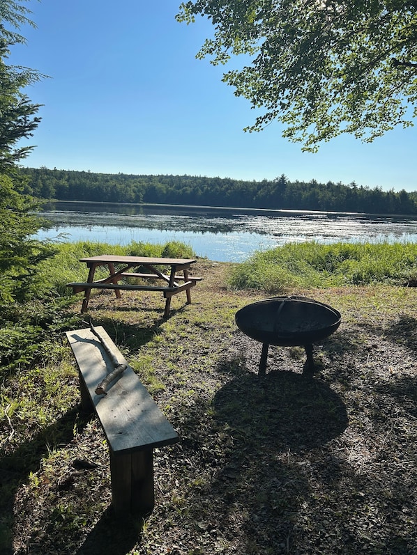 A picnic area with a table and a fire pit, overlooking a calm lake with a forested shoreline.