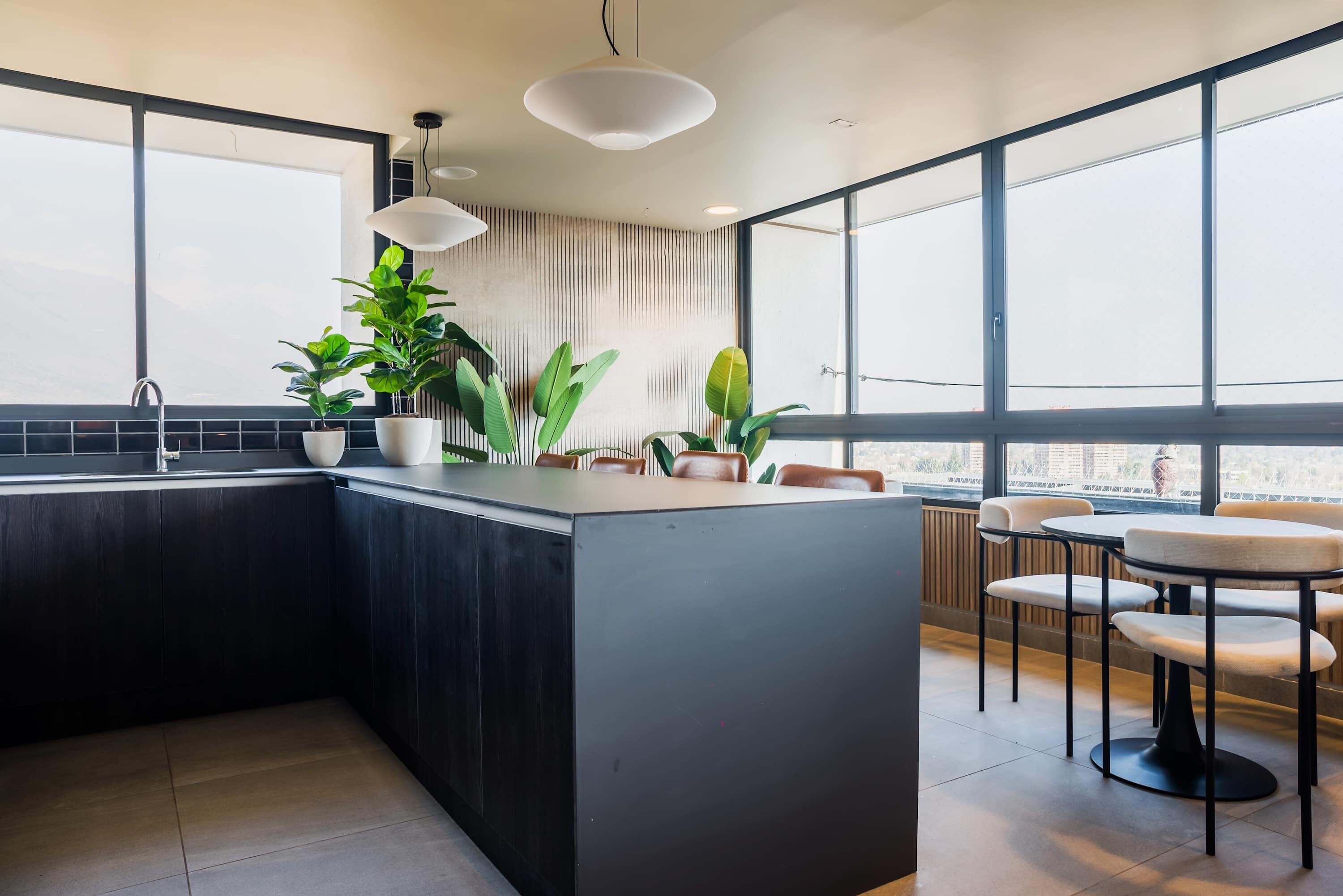 A modern kitchen with a central island, large windows, and indoor plants.