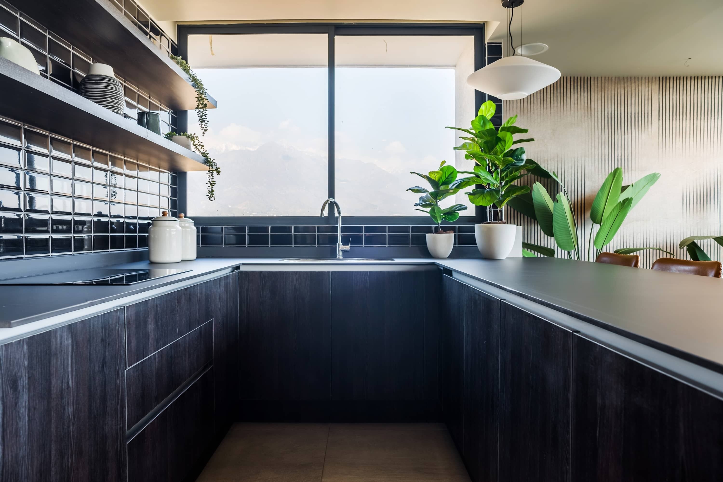 Une cuisine moderne avec des meubles de couleur sombre, une grande fenêtre et des plantes en pot.