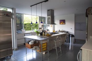 A modern kitchen with a central island, stainless steel appliances, and a view of greenery outside.