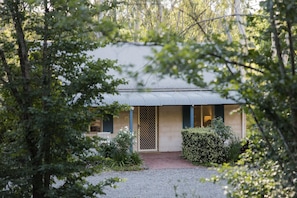 A rustic cabin with a metal roof, a wooden door, and a gravel pathway leading to it.