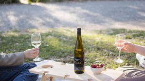 Une table de pique-nique avec une bouteille de vin, des verres et un saladier de fraises, le tout disposé sur une planche en bois.