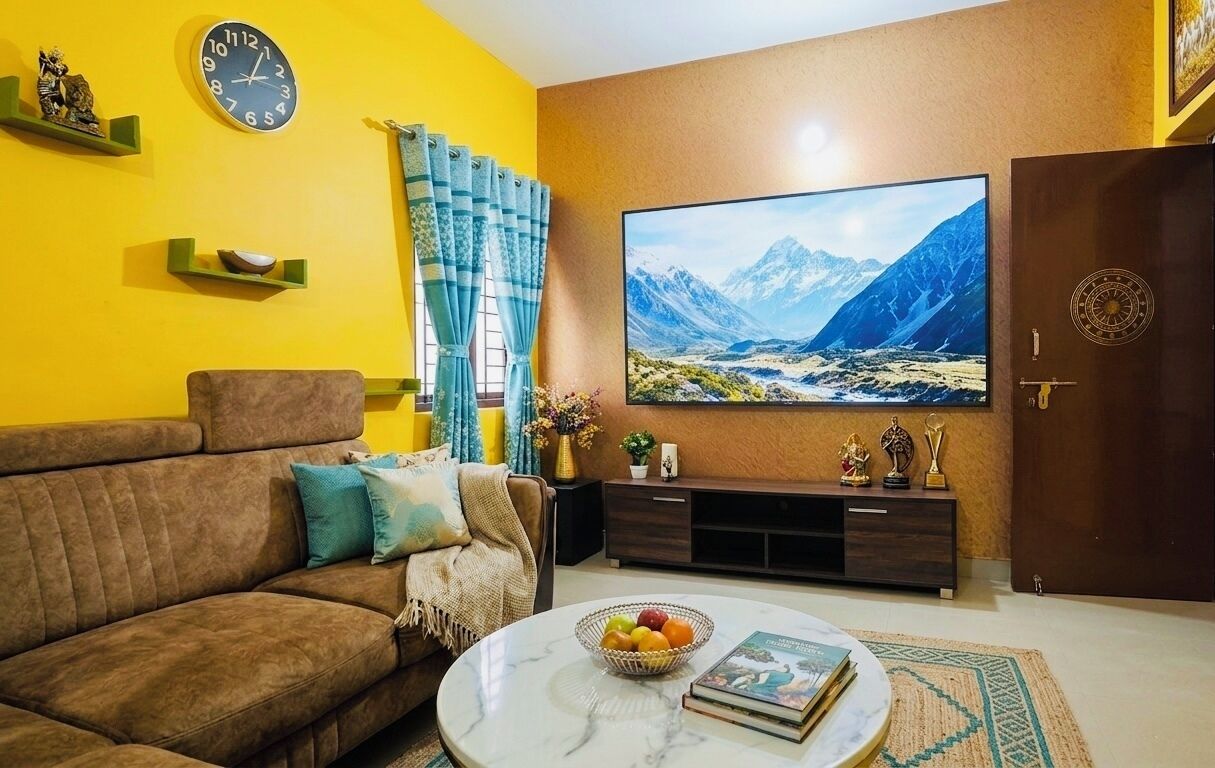 A living room with a brown sofa, a coffee table with a fruit bowl, a flat-screen TV, and a wall-mounted clock.