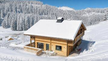 A wooden cabin with a snow-covered roof, surrounded by a snowy landscape and dense forest.