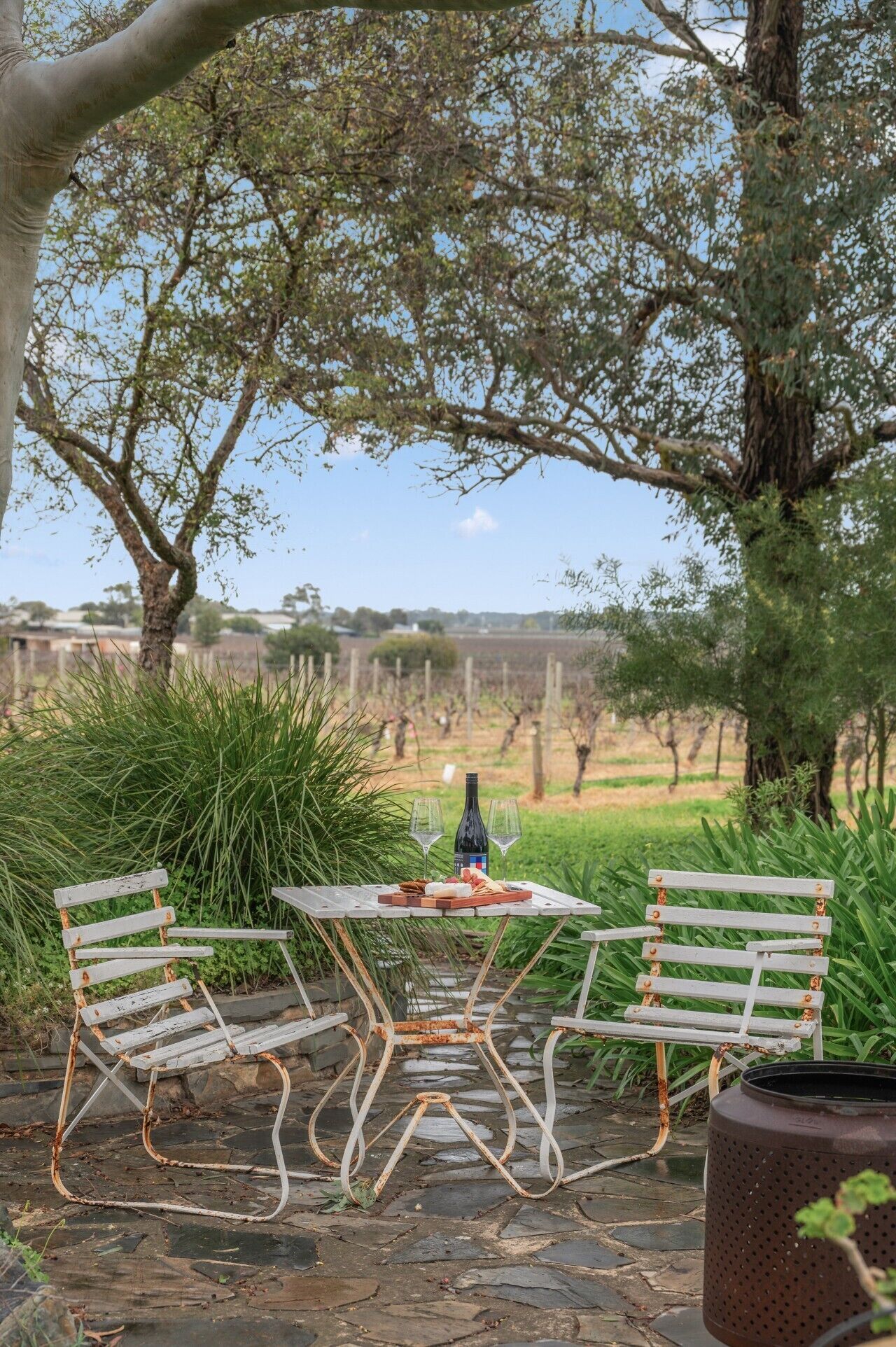 An outdoor seating area with a table, two chairs, a bottle, and glasses, surrounded by greenery and a vineyard in the background.