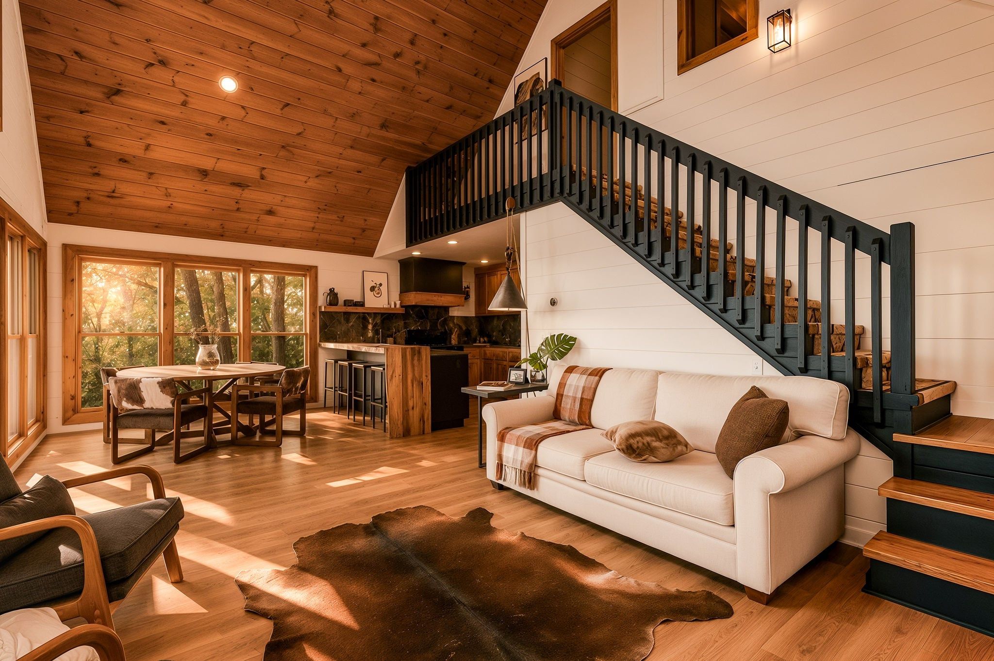 A spacious living area with a white sofa, a wooden staircase, and a dining area with a table and chairs.