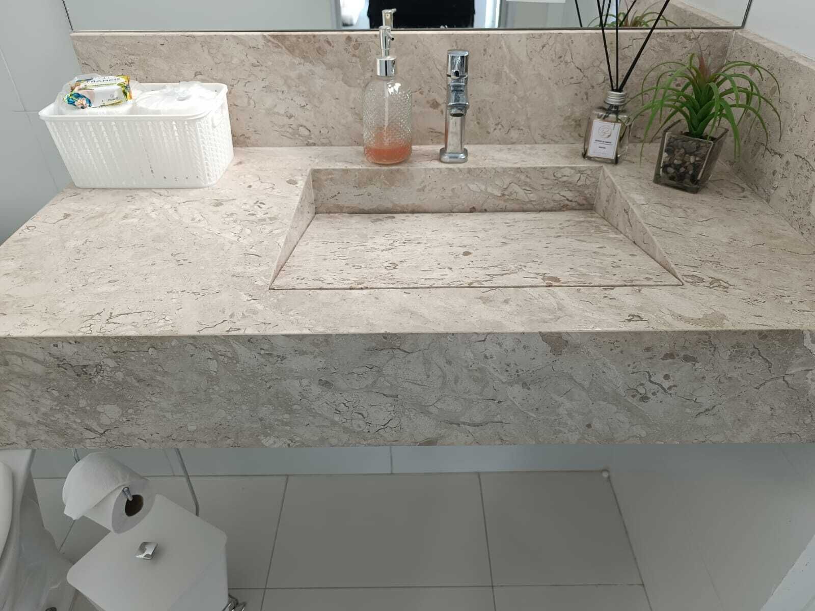 A bathroom with a marble sink, a soap dispenser, a potted plant, and a toilet paper holder.