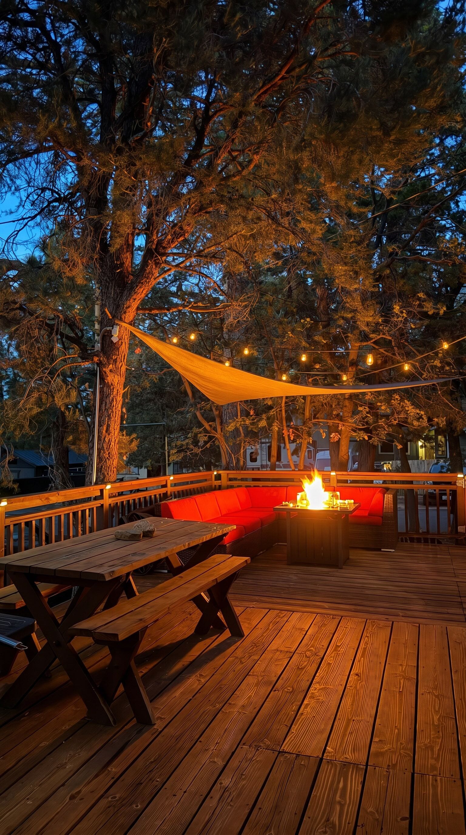 An outdoor deck with a fire pit, picnic tables, and string lights.