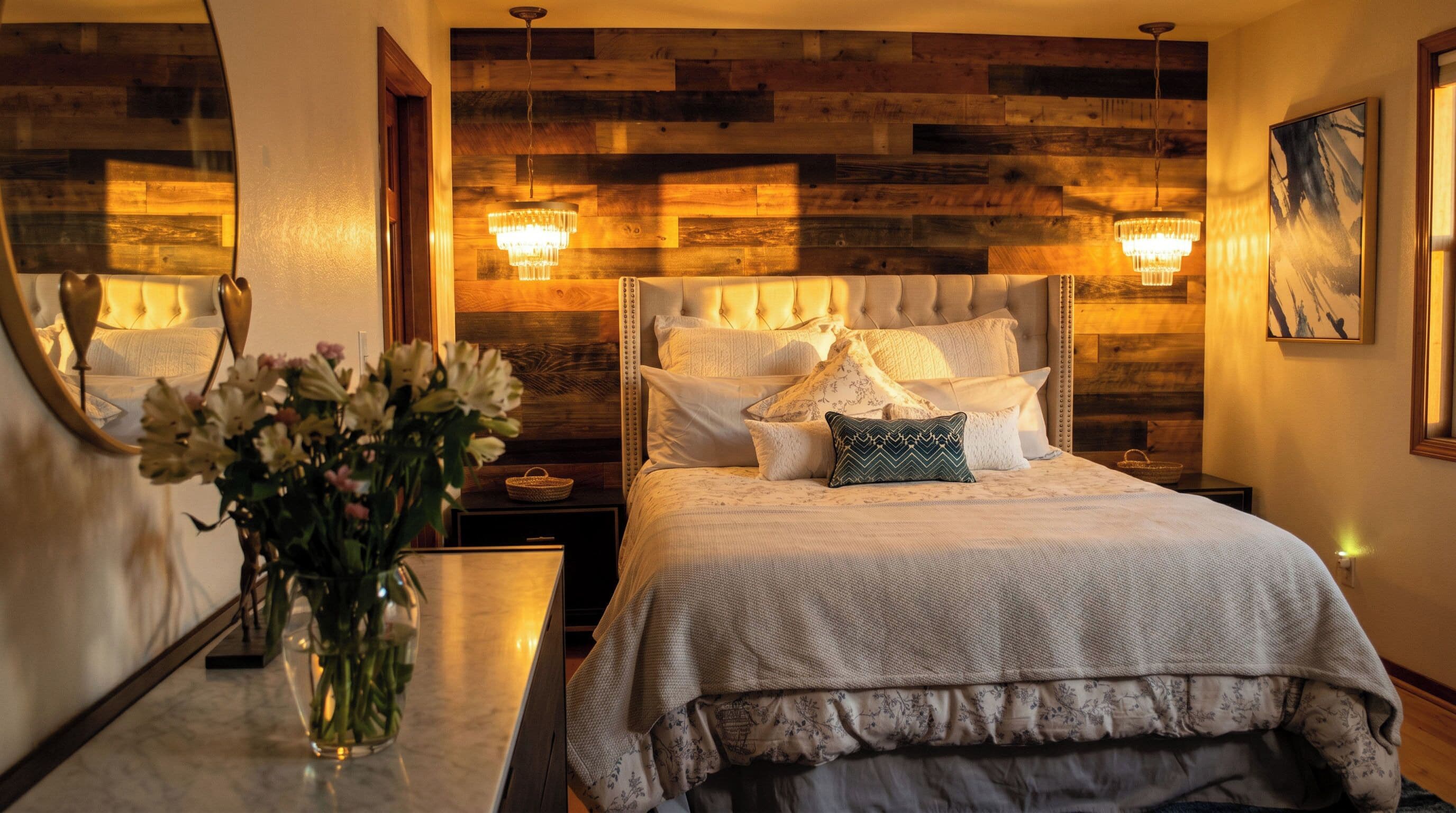 A hotel room with a large bed, a bedside table with a vase of flowers, and a wooden wall panel.
