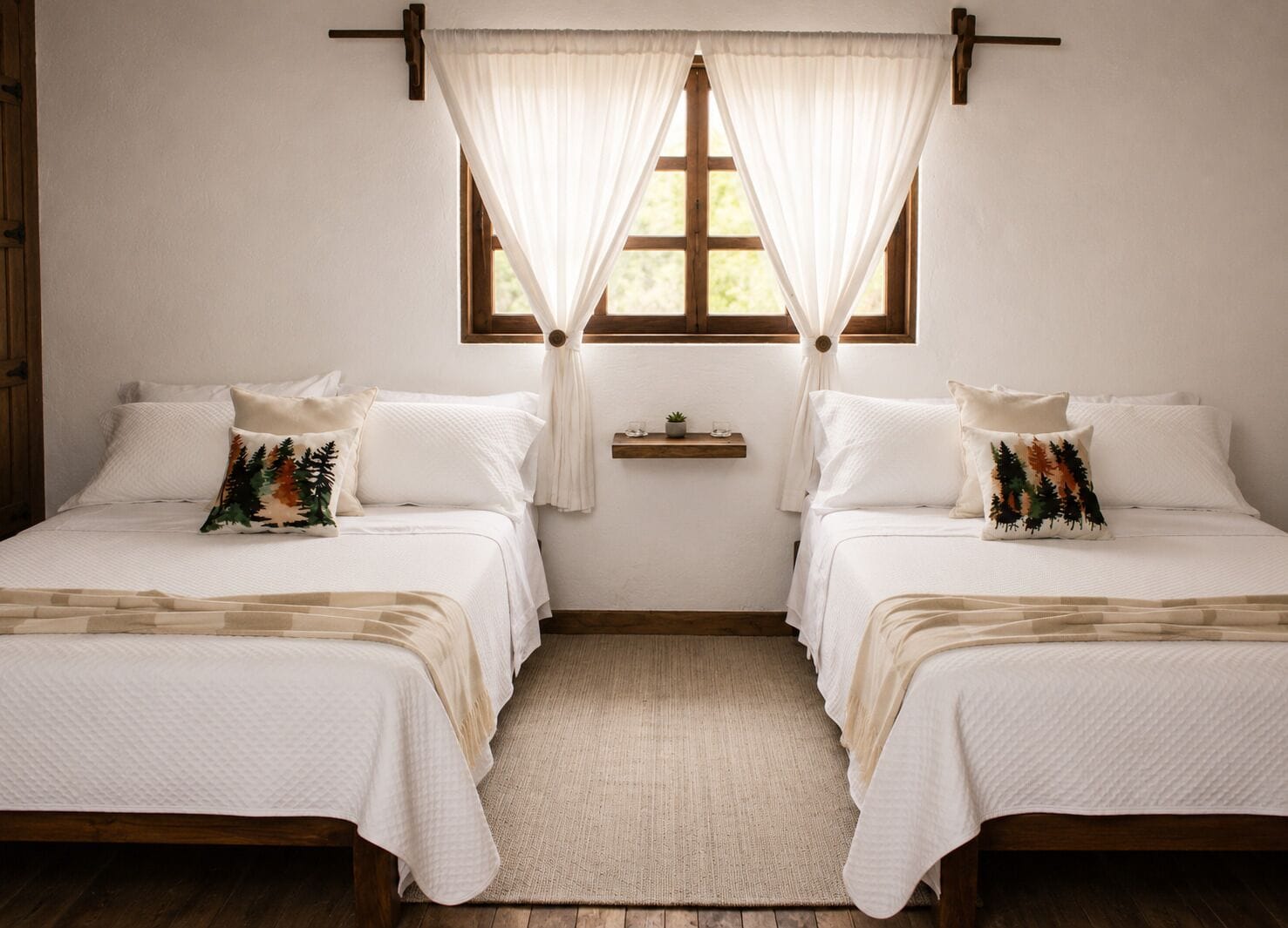 A room with two beds, each with a white bedspread and matching pillows, a small shelf with a plant, and a window with a wooden frame and white curtains.