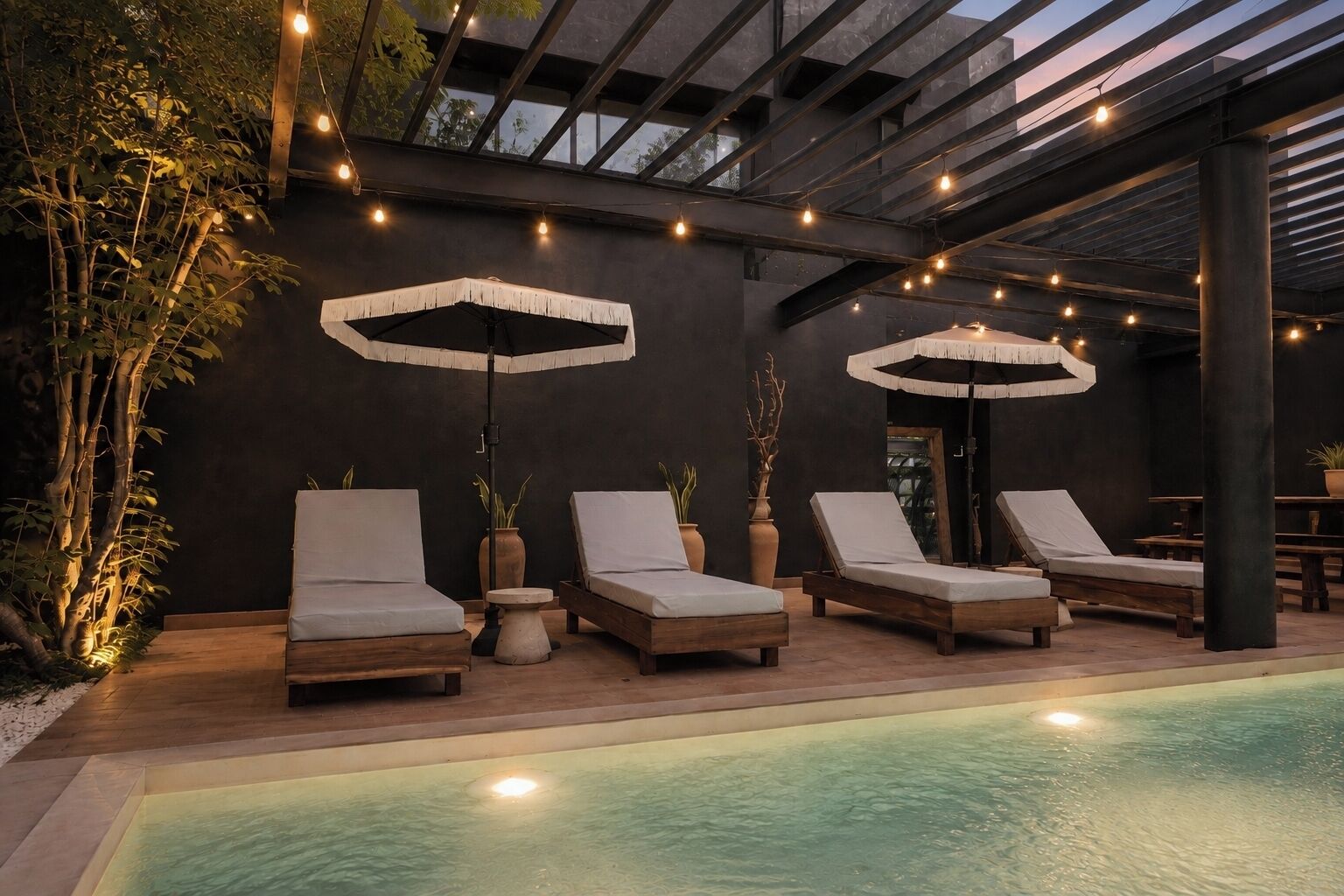 A poolside area with lounge chairs, umbrellas, and a pool.