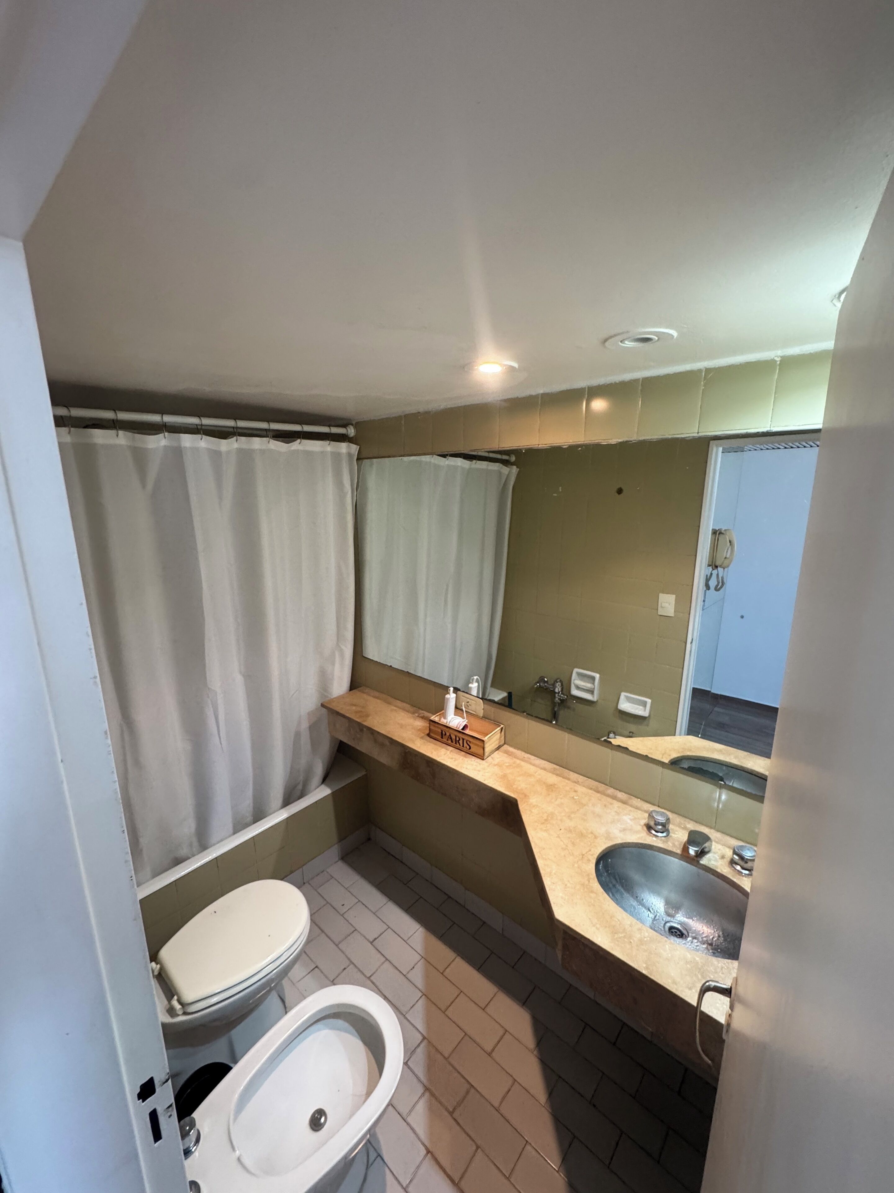 Ein Badezimmer mit Toilette, Waschbecken, Duschvorhang und Spiegel.