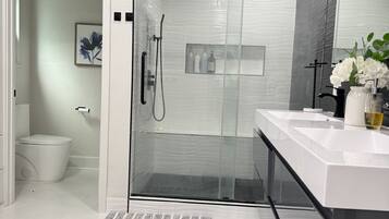Shower, hair dryer, towels, soap
