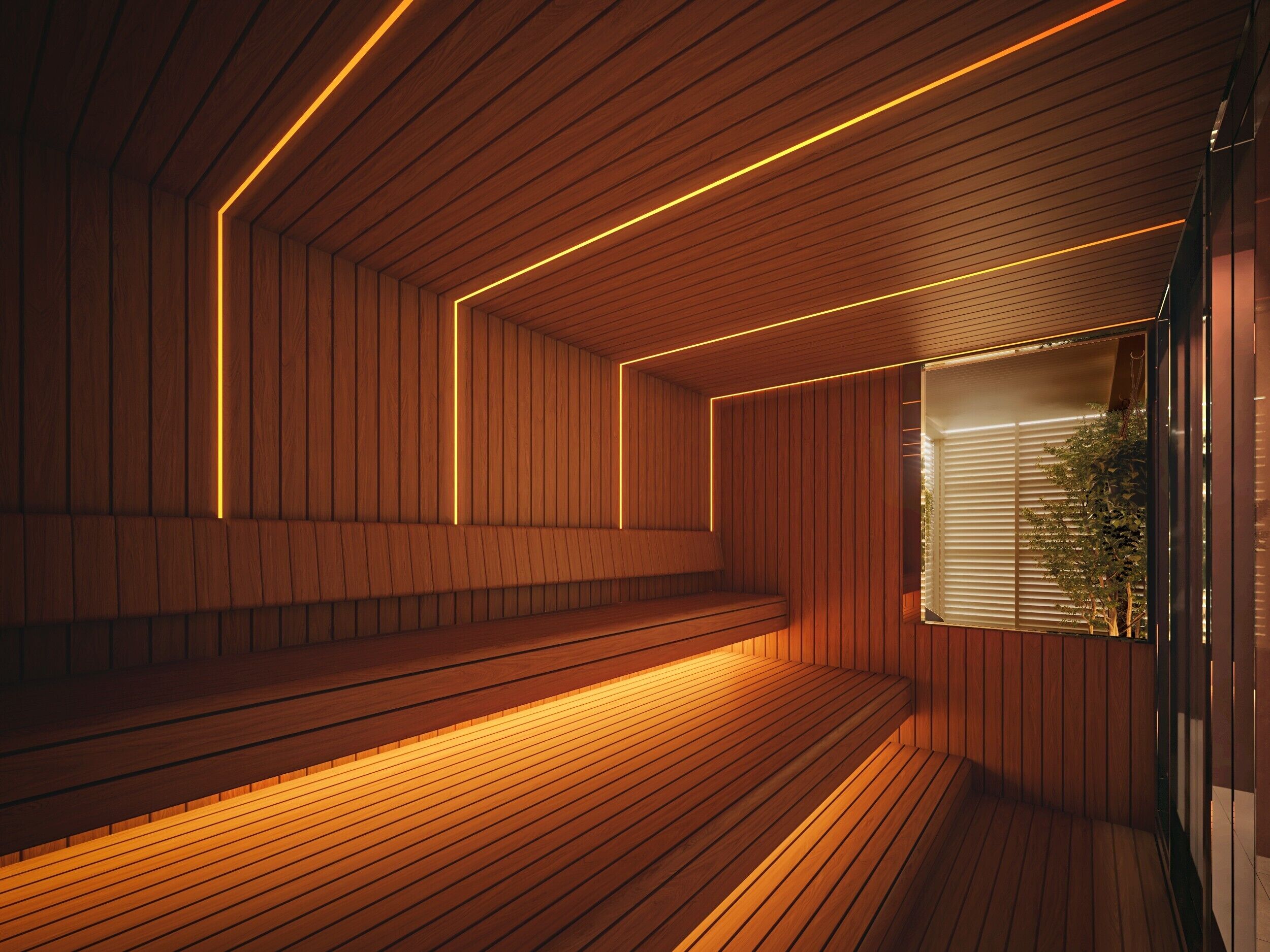 A sauna with wooden slats and a bench, a window with blinds, and a plant visible through the window.