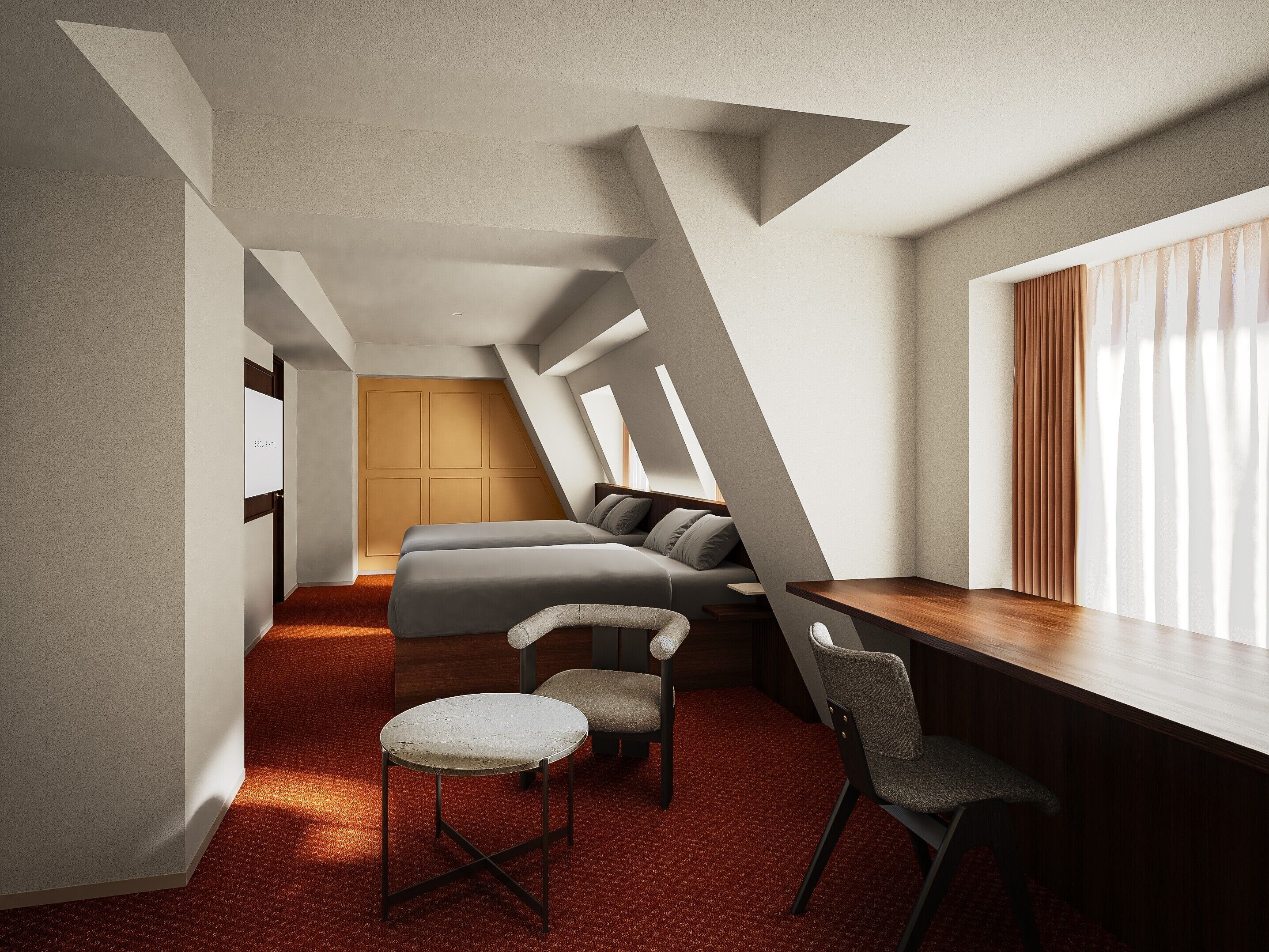 A modern interior with a loft-style ceiling, a sofa, a dining table, and a chair.