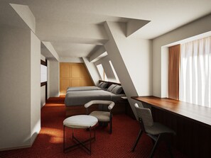 A modern interior with a loft-style ceiling, a sofa, a dining table, and a chair. - BASE LAYER HOTEL KOBE SANNOMIYA (Kobe)