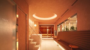 A modern interior with a staircase, a bench, and a wall-mounted table. - BASE LAYER HOTEL KOBE SANNOMIYA (Kobe)
