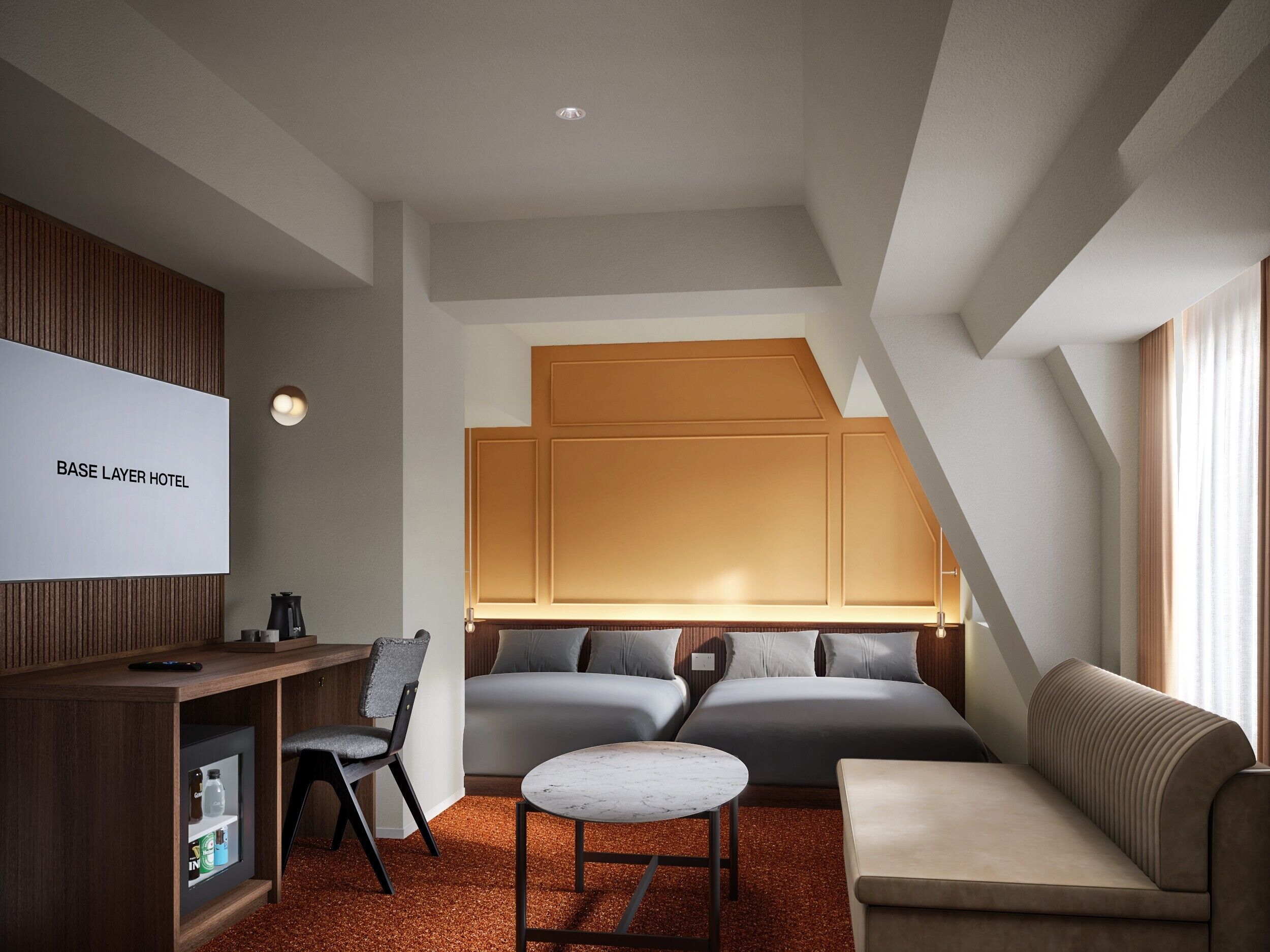 A hotel room with a bed, a desk, a chair, a sofa, and a television.