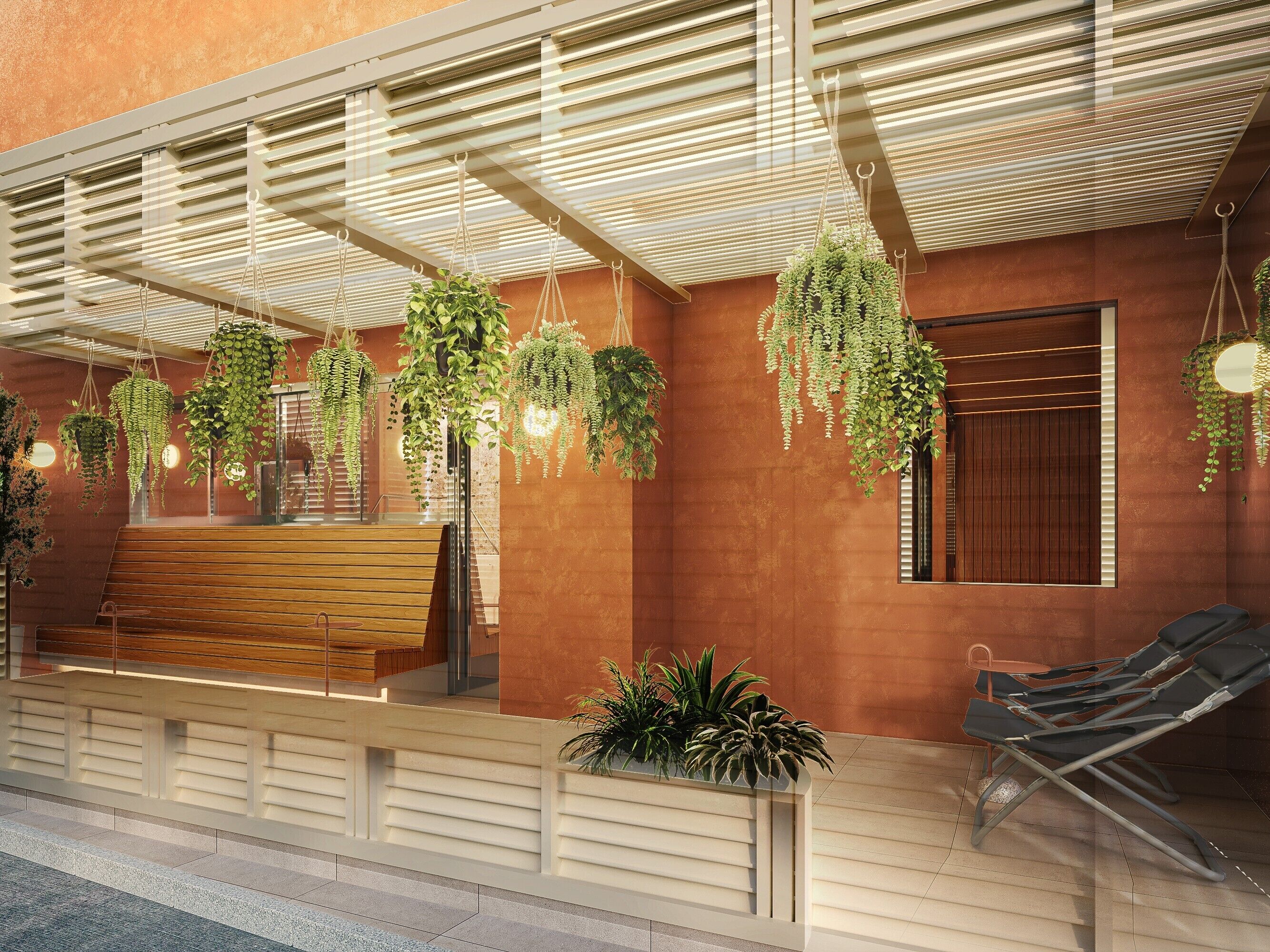 A modern outdoor seating area with a wooden bench and lounge chairs, surrounded by hanging plants and a ceiling with linear light fixtures.