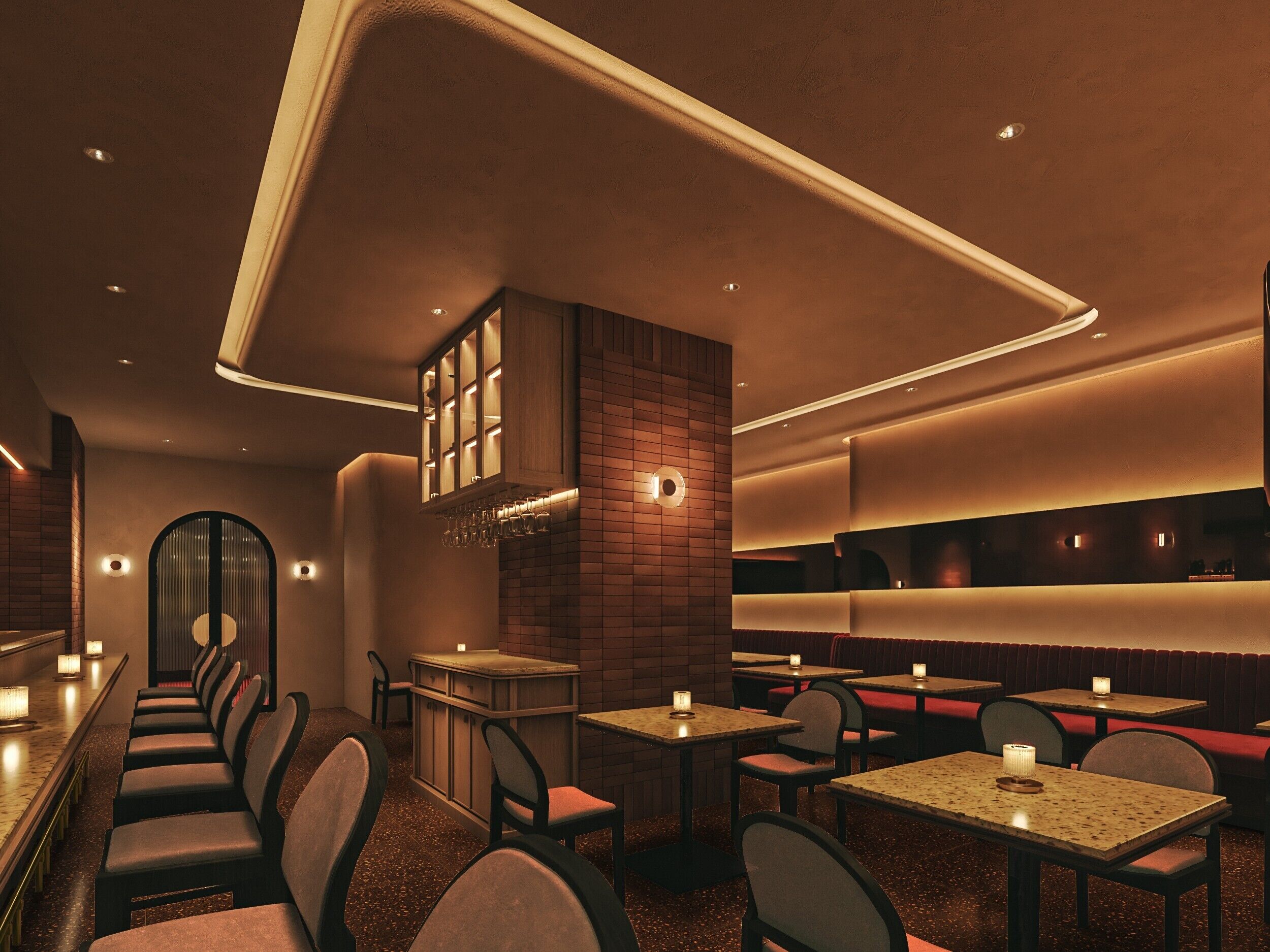 A restaurant interior with booths, tables, and a bar area.